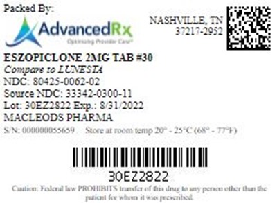 Eszopiclone 2mg Tab Qty 30 Ndc 80425 0062